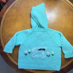 Vintage 80’s hooded embroidered baby sweater with back zipper for ez dressing.